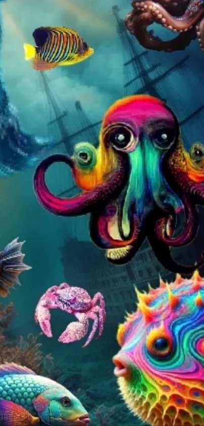 Colorful underwater fantasy with octopus and fish.