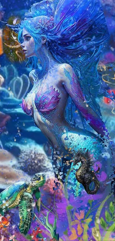 Mystical mermaid in vibrant blue underwater fantasy scene.