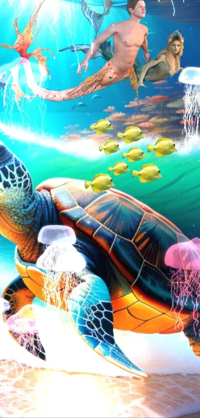 Vibrant underwater fantasy wallpaper featuring turtles, mermaids, and jellyfish.