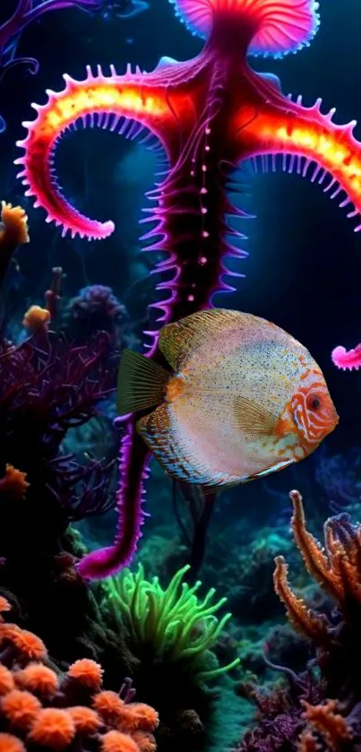 Vibrant underwater scene with glowing coral and fish.