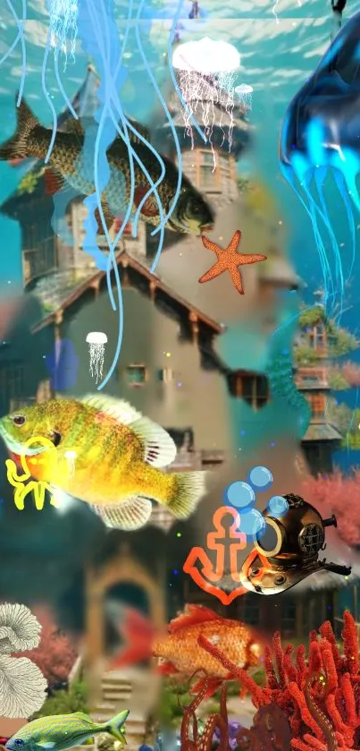 Vibrant underwater fantasy scene with fish and coral.
