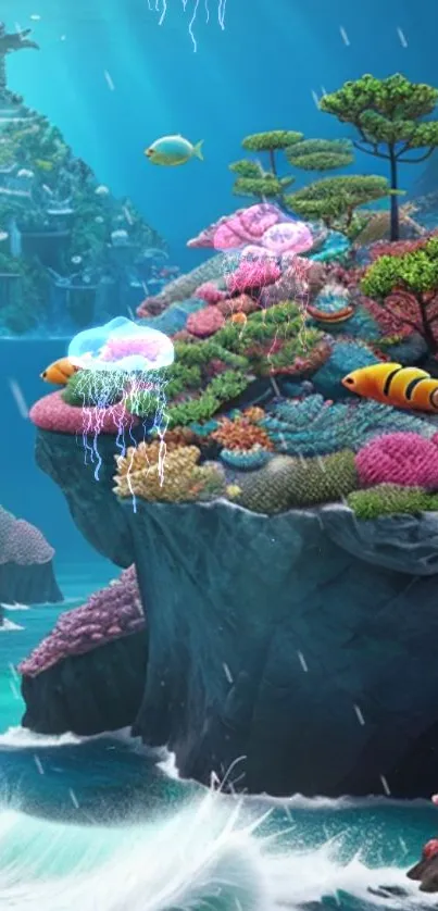 Vibrant underwater fantasy wallpaper with coral reefs and fish.