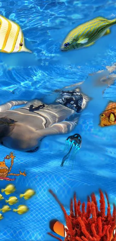 Underwater scene with swimmer and tropical fish in vibrant blue water.