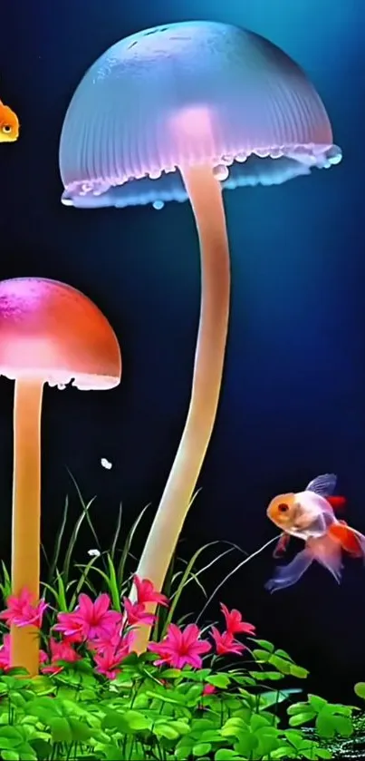 Vibrant underwater scene with glowing mushrooms and colorful fish.