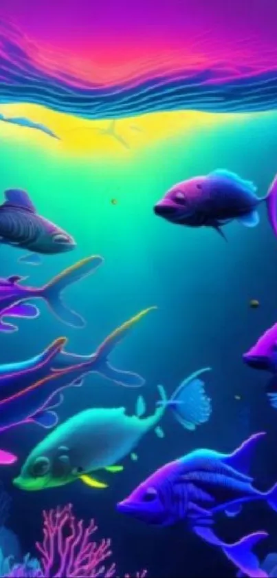 Vibrant underwater fantasy with colorful fish.