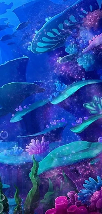 Vibrant underwater fantasy art wallpaper with colorful corals and ocean life.