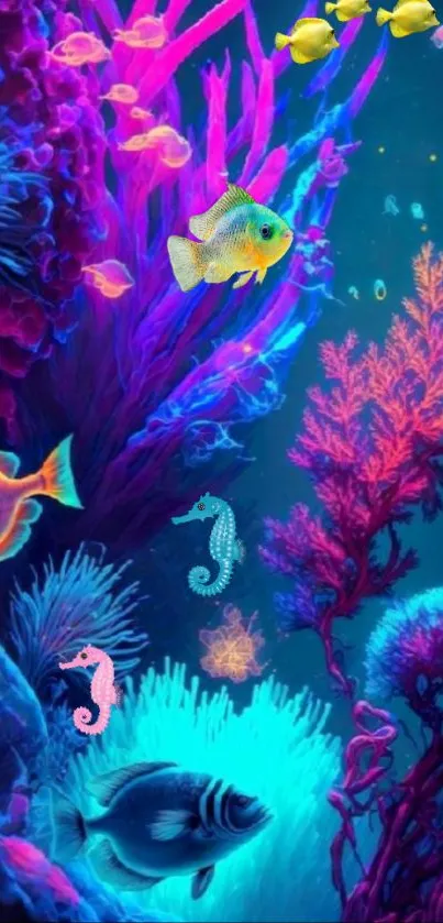 Colorful underwater scene with fish and corals.