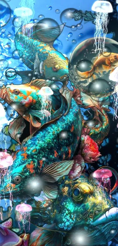 Vibrant fish and jellyfish art in a blue underwater scene.