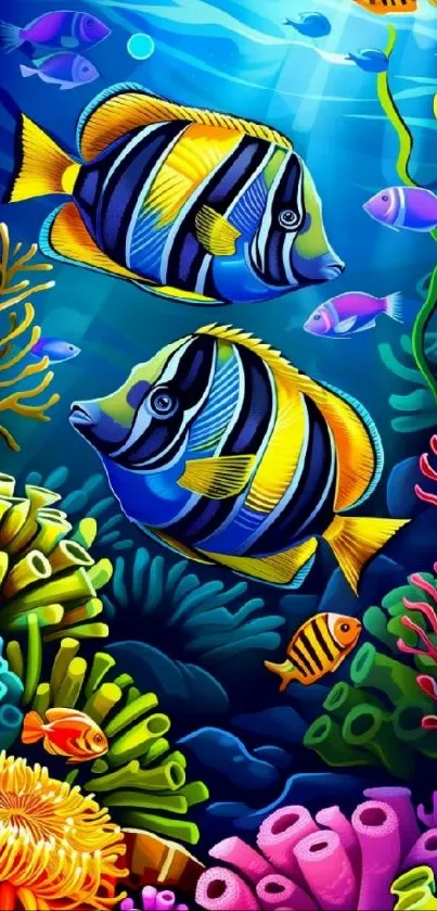 Colorful underwater fish and coral wallpaper.