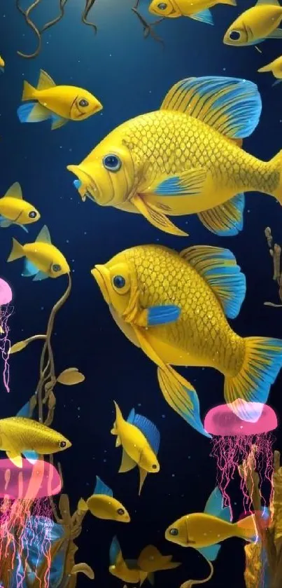 Yellow fish swim elegantly in a deep blue sea art wallpaper.