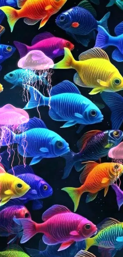 Colorful fish and jellyfish in vibrant neon underwater art.