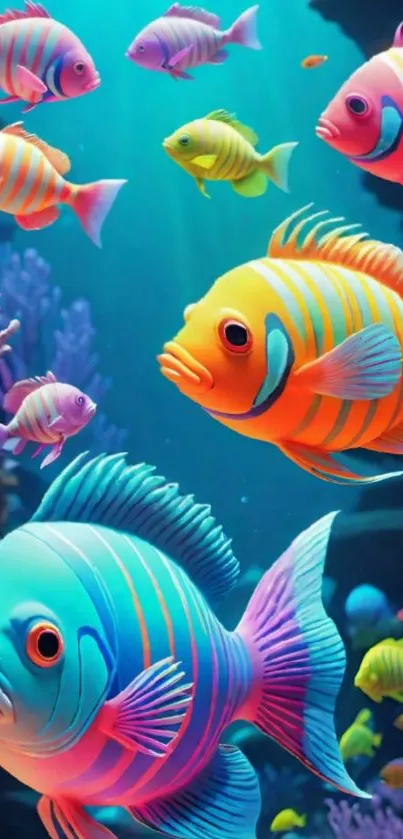 Vibrant colorful fish in underwater scene with corals and marine life.