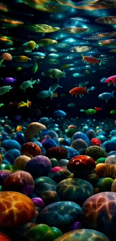 Vibrant fantasy underwater world with colorful fish and stones.