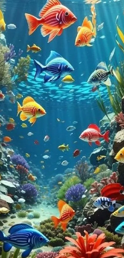 Colorful fish swimming in vibrant coral reef.