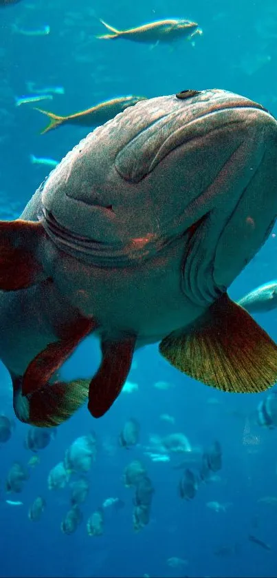 Close-up image of a large fish swimming underwater surrounded by smaller fish.