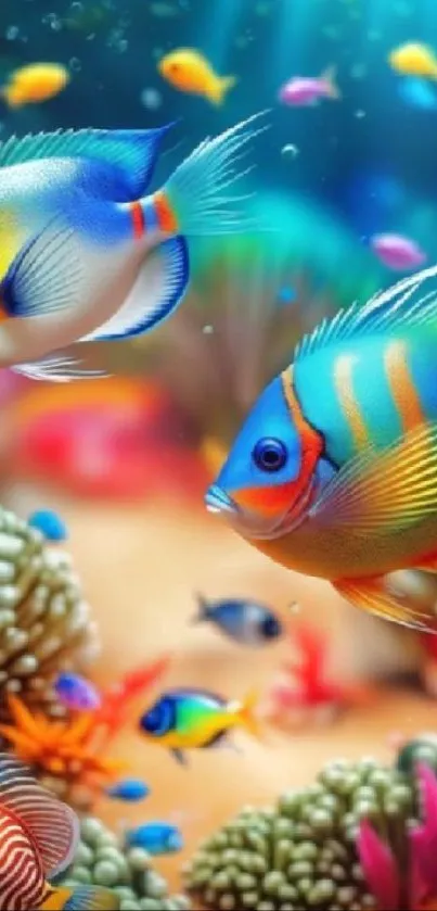 Colorful fish swimming in vibrant coral underwater scene wallpaper.