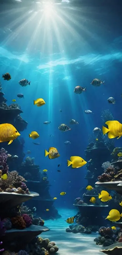 Colorful fish swim among corals in a sunlit blue ocean.