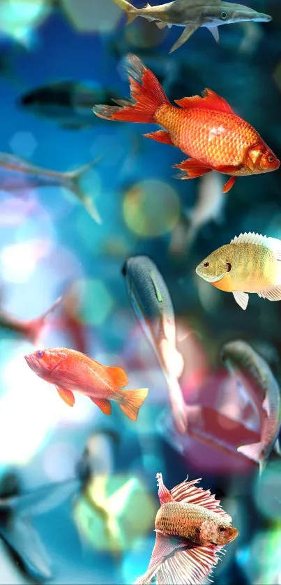 Colorful fish swimming in vibrant blue water.