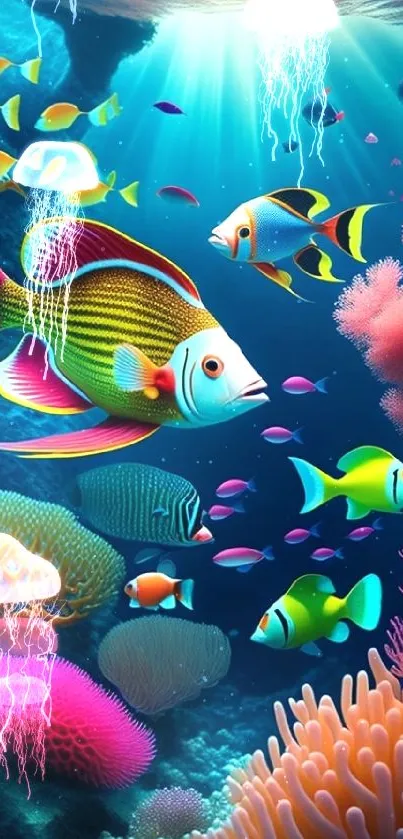 Vibrant underwater scene with tropical fish and coral.