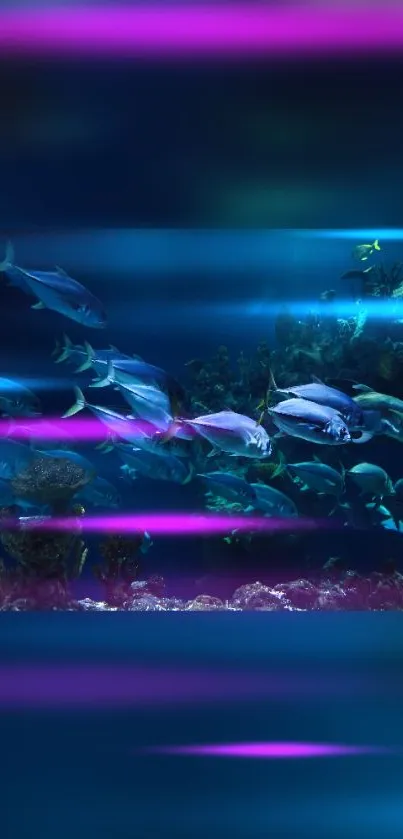 Underwater scene with vibrant fish and electric blue glow.