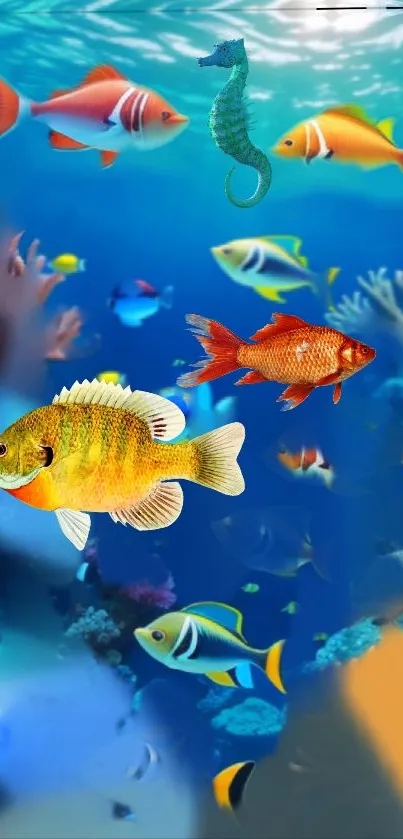 Colorful fish swimming in vibrant blue ocean.