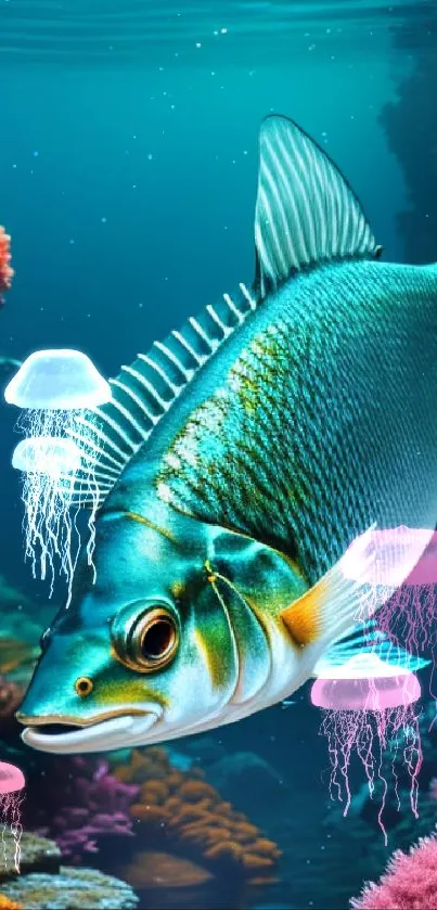 A vibrant fish swimming through colorful coral reefs underwater.