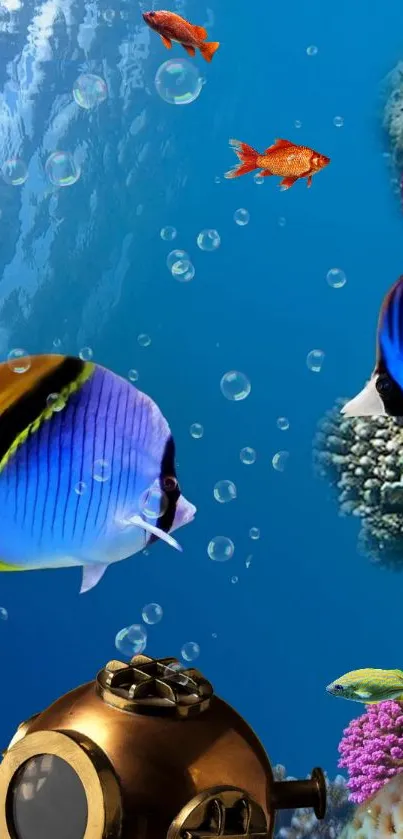 Vibrant underwater scene with colorful fish and corals.