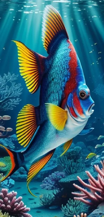 Colorful fish swimming in a vivid coral reef scene.