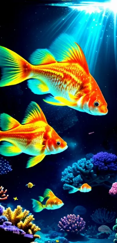 Vibrant underwater wallpaper featuring goldfish and colorful corals.