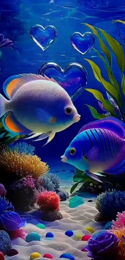 Two tropical fish with hearts and coral.