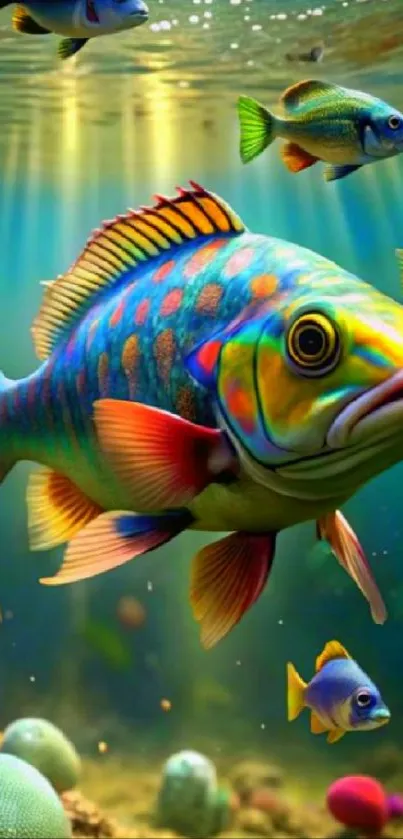 Colorful fish swimming in vibrant underwater scene.