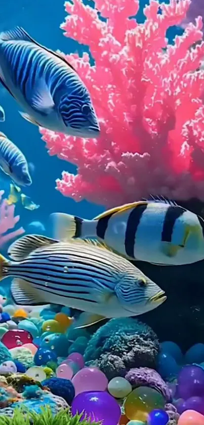 Vibrant underwater scene with colorful fish and corals.