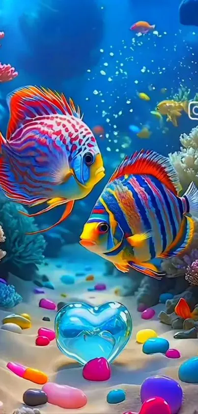 Colorful fish swim in a vibrant ocean scene with coral and bubbles.