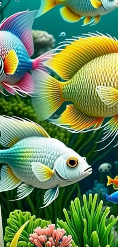 Vibrant underwater scene with colorful fish.