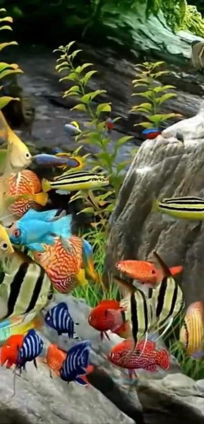 A vibrant underwater scene featuring colorful tropical fish and lush greenery.