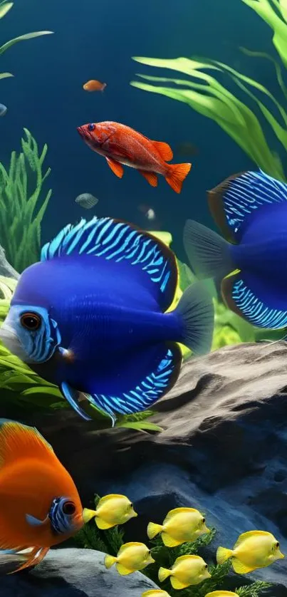 Colorful fish swimming in a vibrant aquarium setting with green plants.