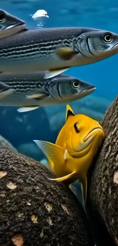 Colorful fish swimming underwater between rocks.