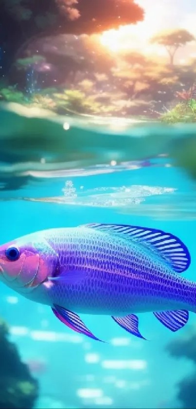 Vibrant underwater scene with fish, turquoise waters, and lush greenery.