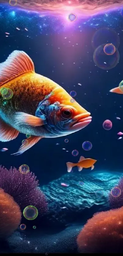 Colorful fish swim in a vibrant coral reef.