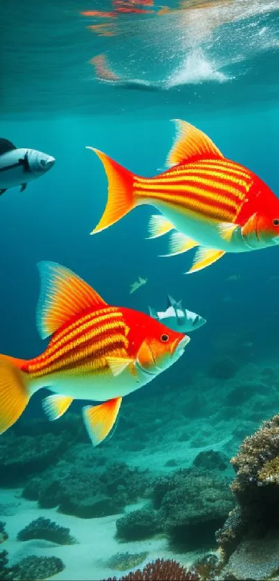 Vibrant orange fish swimming in a clear turquoise ocean with coral reefs.