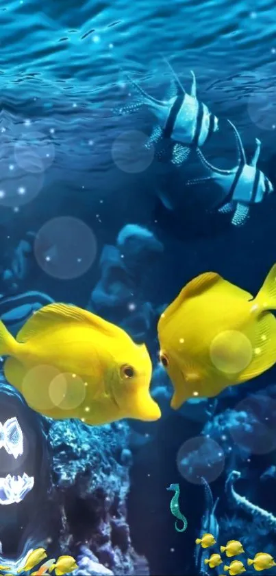 Mobile wallpaper of yellow and striped fish swimming underwater.