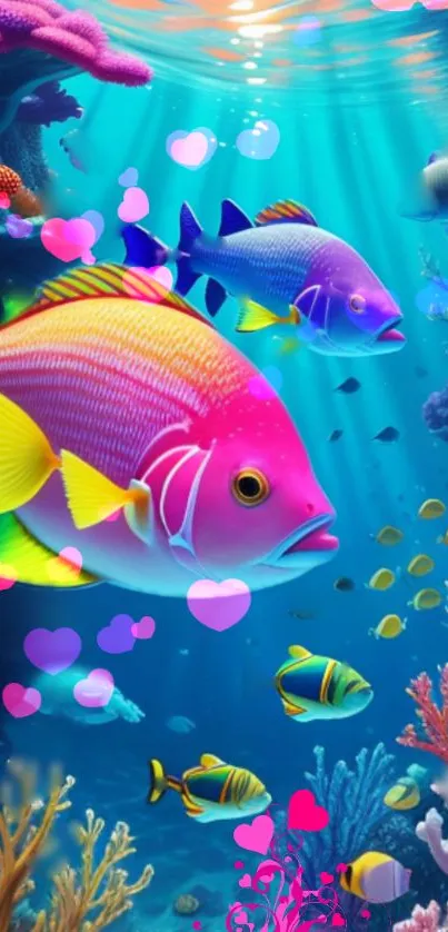 Vibrant underwater scene with colorful fish and coral.