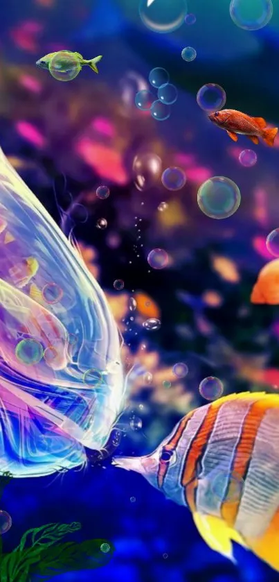 Colorful underwater scene with fish and bubbles in vibrant colors.