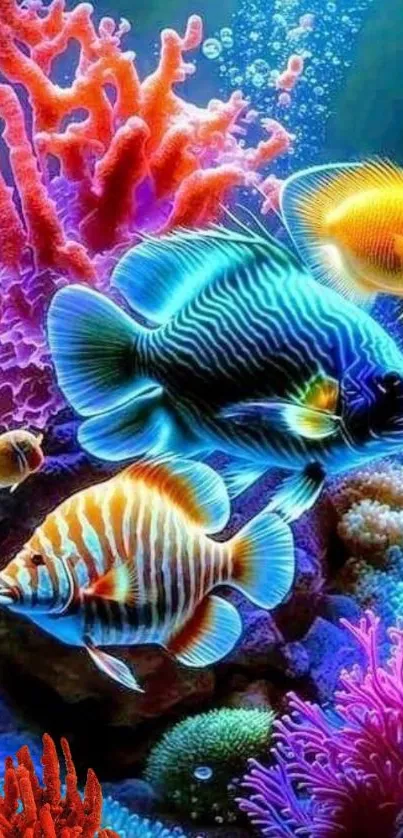 Vivid tropical fish swimming in colorful coral reef.