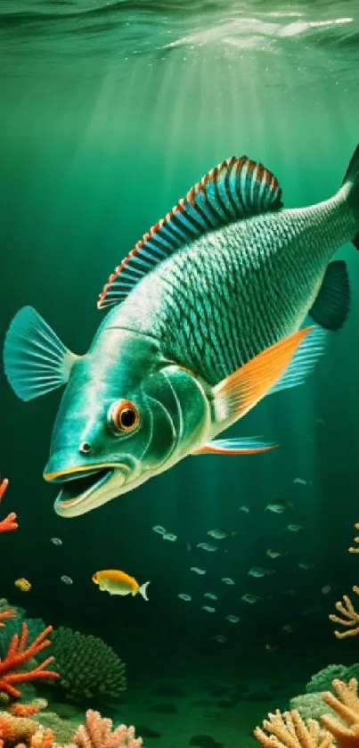 Vibrant teal fish swims among coral underwater in sunlight.