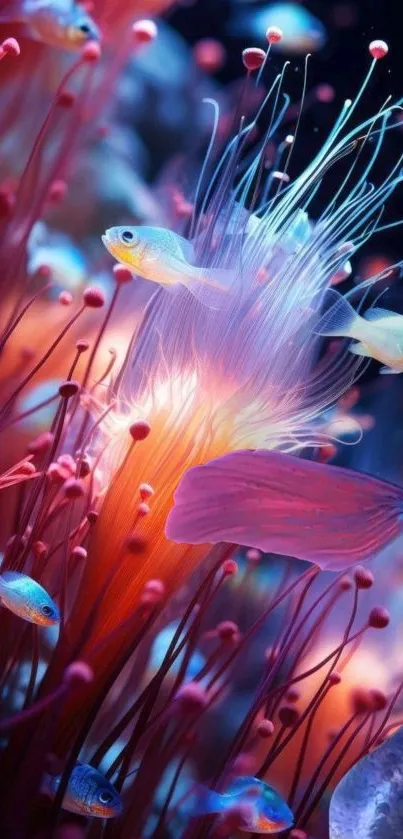 Vibrant underwater scene with colorful fish and coral formations.