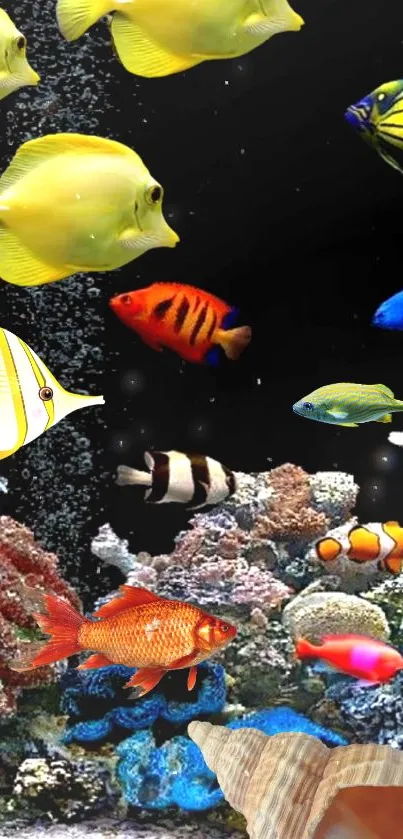 Vibrant aquarium fish swimming above coral reef.