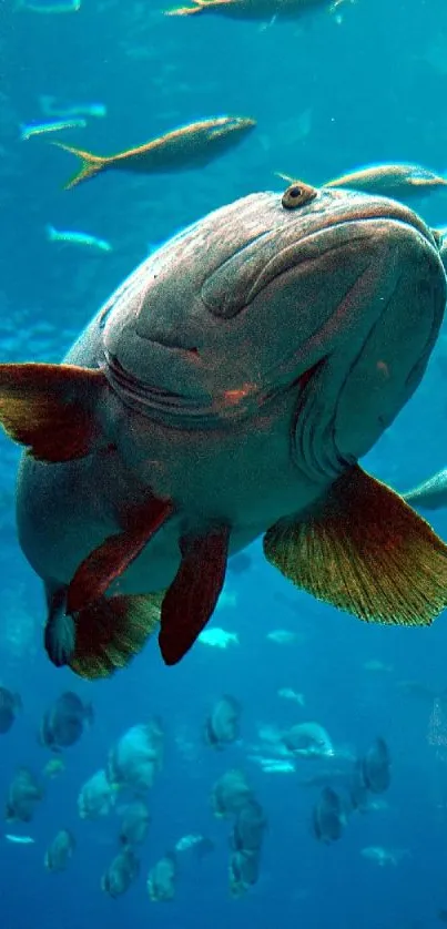 A large fish swimming in a blue ocean.