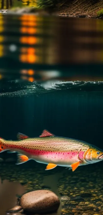 Vibrant trout swimming in serene underwater scene with colorful reflections.