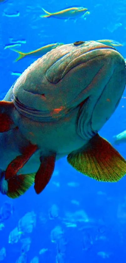 Close-up of a fish swimming in a vibrant blue ocean scene.